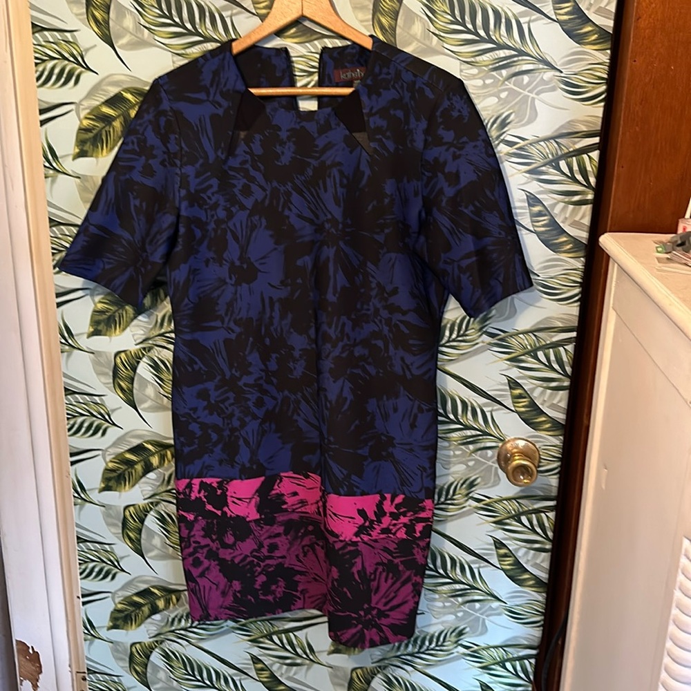 DD62 size 14 petite blue black pink pattern dress Katherine h 14p